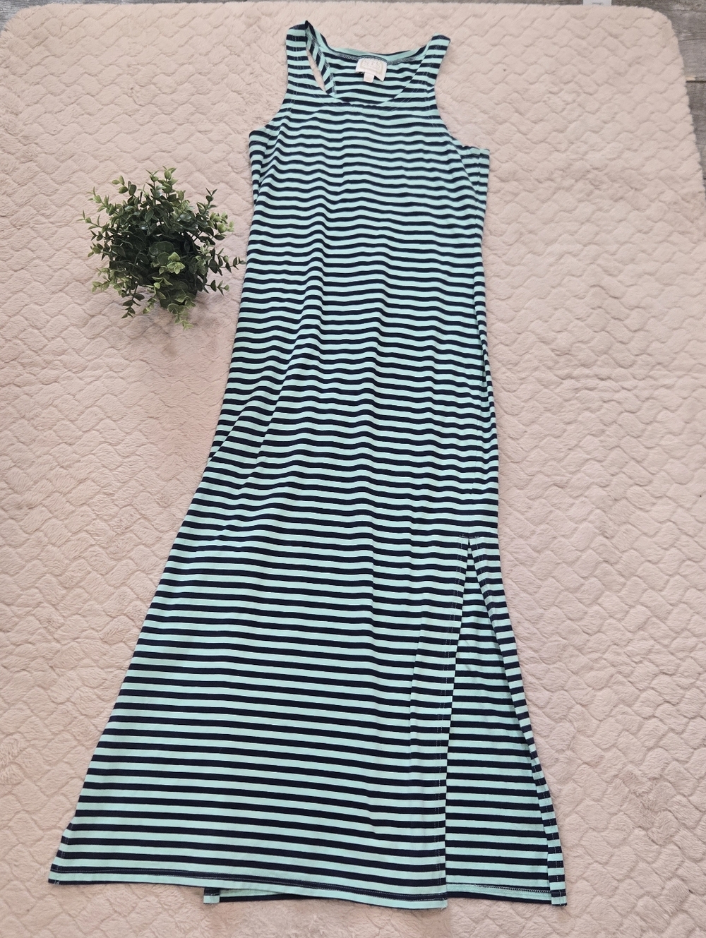 Sail to Sable Blue and Green Striped Sleeveless Maxi Dress, Size Small
